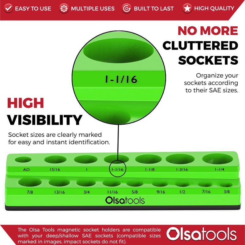 Olsa Tools Magnetic Socket Organizer | 1/2-inch Drive | SAE | Green | Holds 16 Sockets | Professional Quality Tools Organizer - Image 2